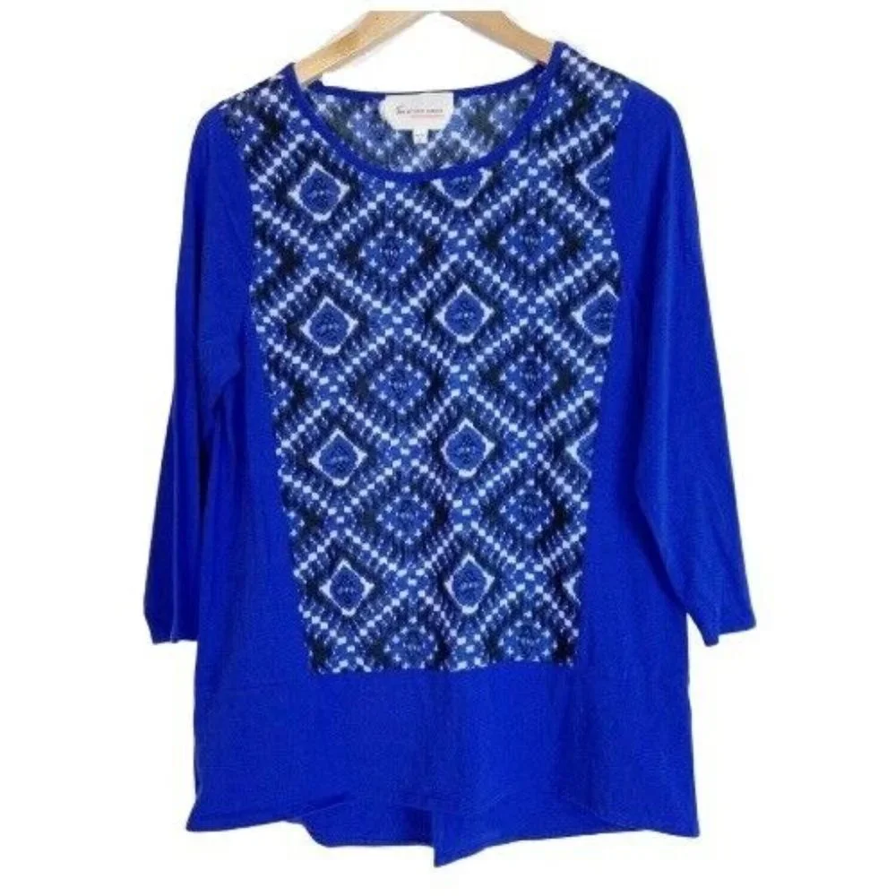 Vince Camuto Tunic Top Womens Size Small Blue Ikat 3/4 Sleeves - Picture 3 of 9